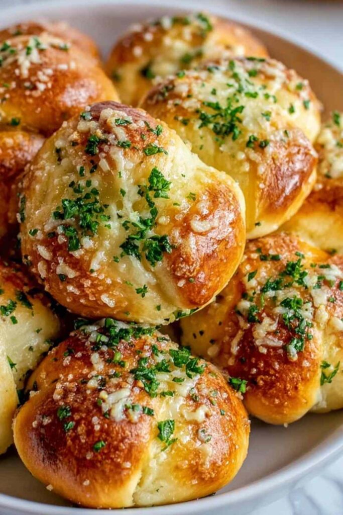 Quick sourdough garlic knots brushed with garlic butter on baking sheet