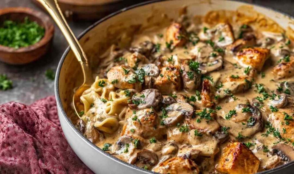 Creamy chicken stroganoff with mushrooms served over egg noodles on white plate