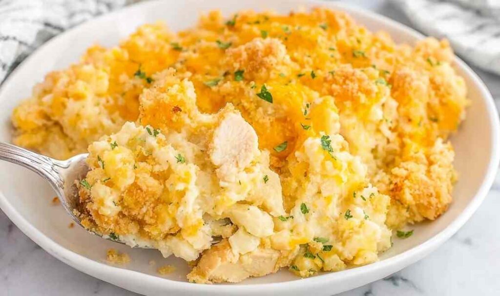 Ritz chicken and rice casserole with golden cracker topping