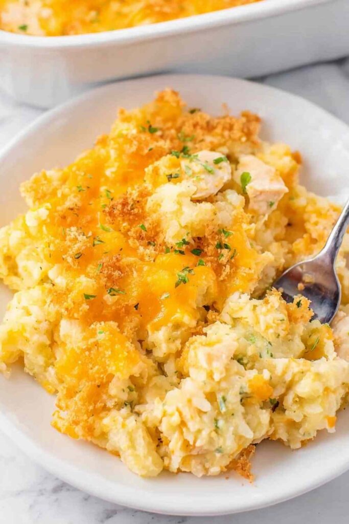 Ritz chicken and rice casserole with golden cracker topping