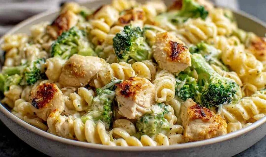 Rotisserie Chicken Broccoli Pasta in white bowl with fork showing creamy sauce coating pasta and bright green broccoli