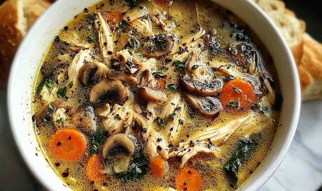 Creamy rotisserie chicken mushroom soup in white bowl garnished with fresh parsley