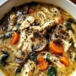 Creamy rotisserie chicken mushroom soup in white bowl garnished with fresh parsley