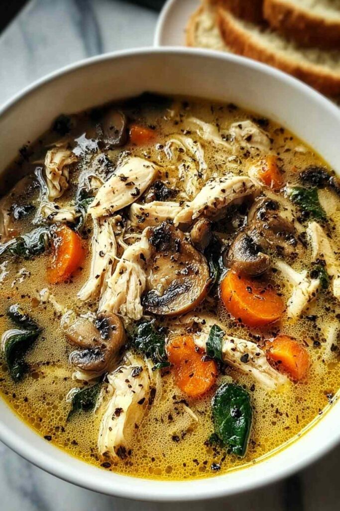 Creamy rotisserie chicken mushroom soup in white bowl garnished with fresh parsley