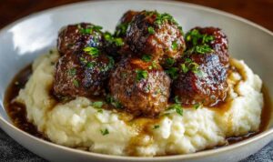 Salisbury steak meatballs with garlic herb mashed potatoes covered in mushroom gravy on white plate