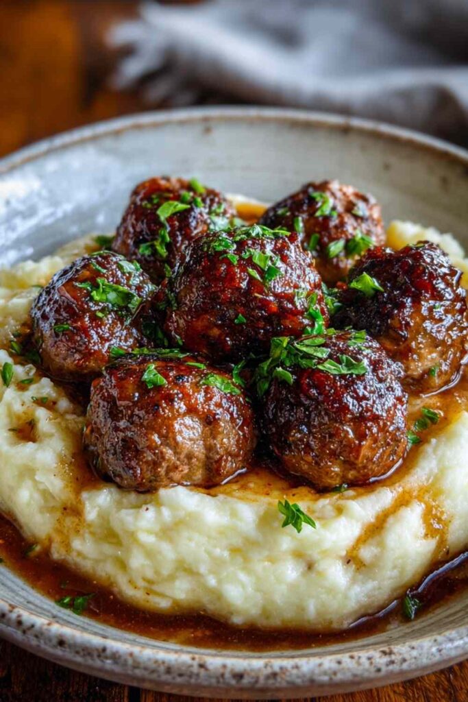 Salisbury steak meatballs with garlic herb mashed potatoes covered in mushroom gravy on white plate