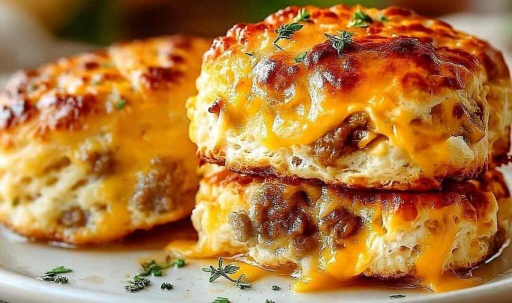 Sausage Cheese Butter Swim Biscuits in baking dish with golden crispy edges and melted butter