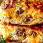 Sausage Cheese Butter Swim Biscuits in baking dish with golden crispy edges and melted butter