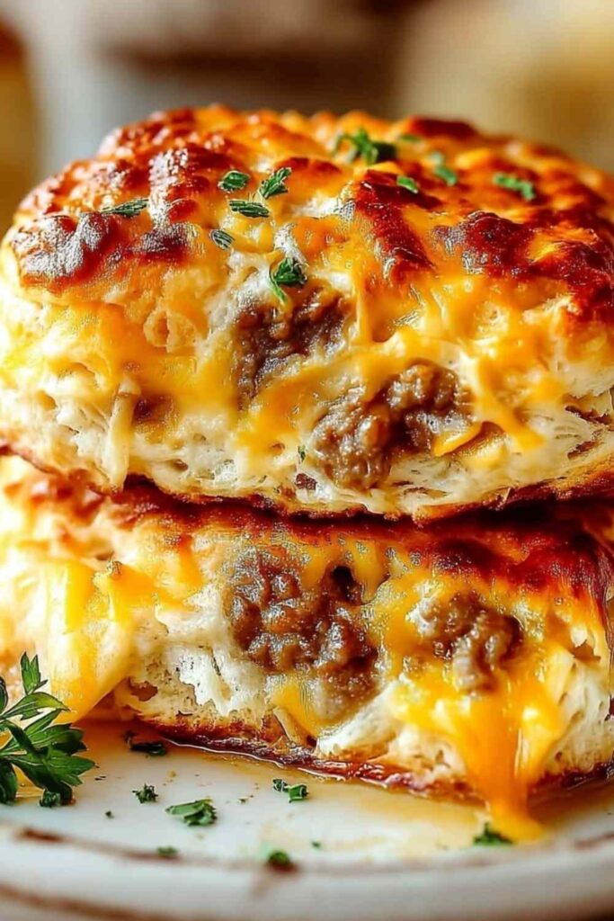 Sausage Cheese Butter Swim Biscuits in baking dish with golden crispy edges and melted butter
