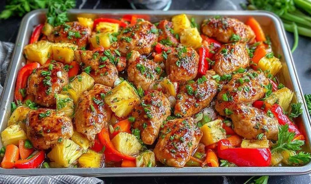 Sheet Pan Hawaiian Chicken with Pineapple and colorful bell peppers on baking sheet