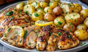 Sheet Pan Lemon Balsamic Chicken with roasted potatoes and red onions on a baking sheet