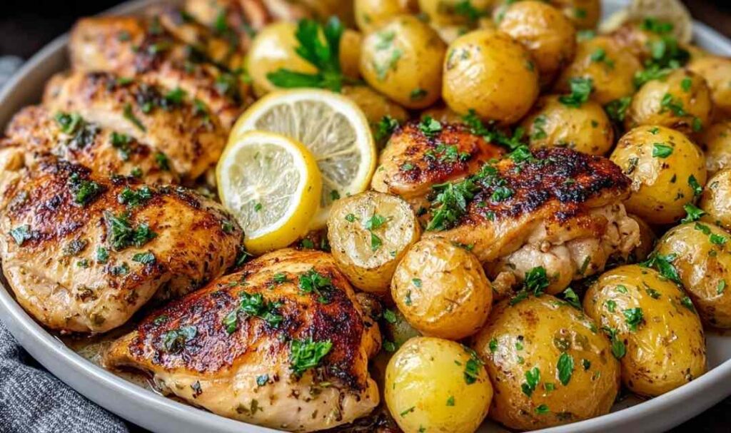 Sheet Pan Lemon Balsamic Chicken with roasted potatoes and red onions on a baking sheet