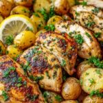 Sheet Pan Lemon Balsamic Chicken with roasted potatoes and red onions on a baking sheet