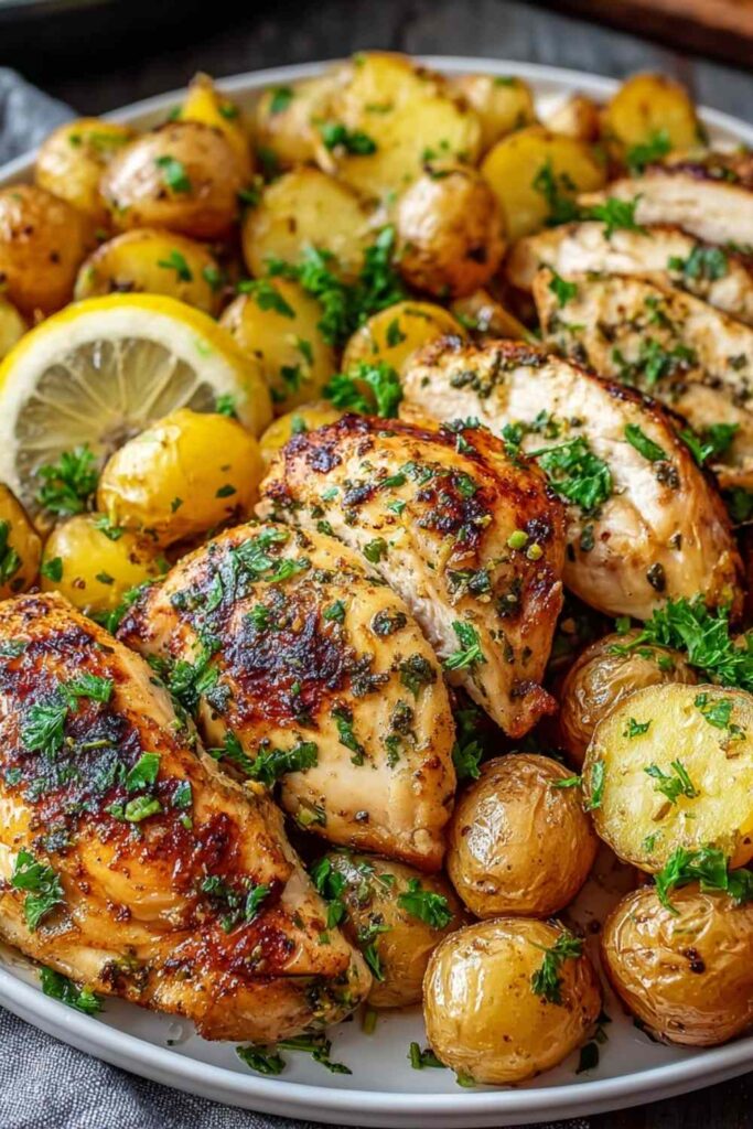 Sheet Pan Lemon Balsamic Chicken with roasted potatoes and red onions on a baking sheet