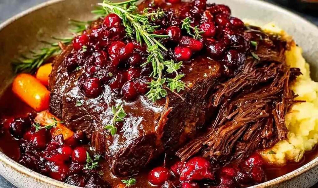 Slow-braised beef roast with cranberry balsamic glaze on white platter with fresh thyme garnish