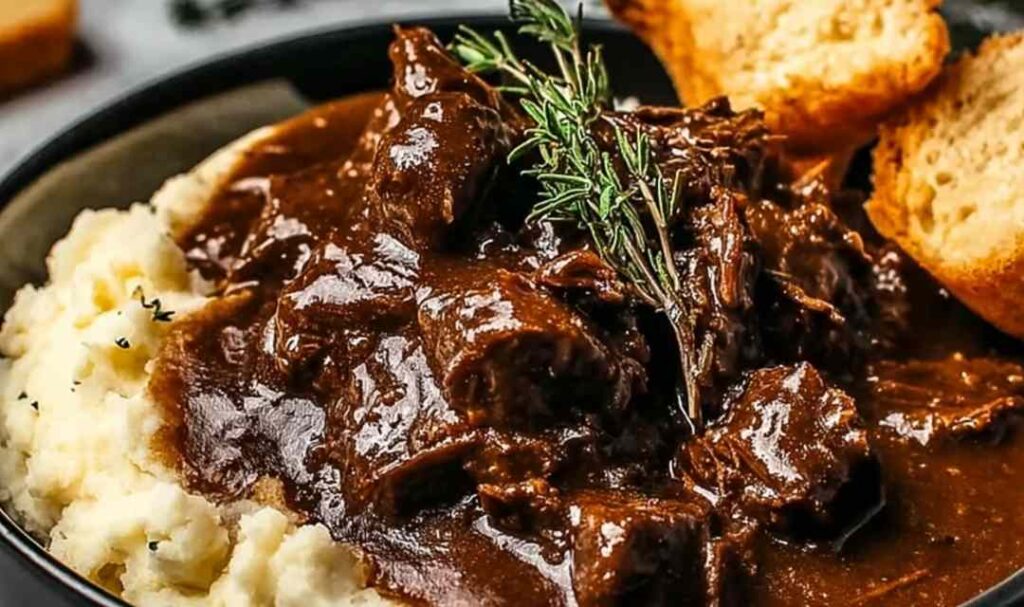 Slow Cooker Beef Manhattan served on white plate with shredded beef over mashed potatoes and toast covered in rich brown gravy