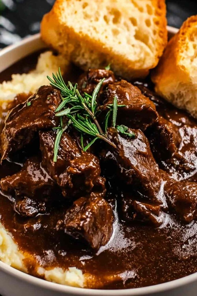 Slow Cooker Beef Manhattan served on white plate with shredded beef over mashed potatoes and toast covered in rich brown gravy