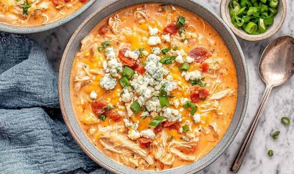 Slow cooker buffalo chicken chili in white bowl topped with cheese and green onions