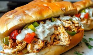 Slow cooker chicken Philly sandwiches on hoagie rolls with melted provolone cheese