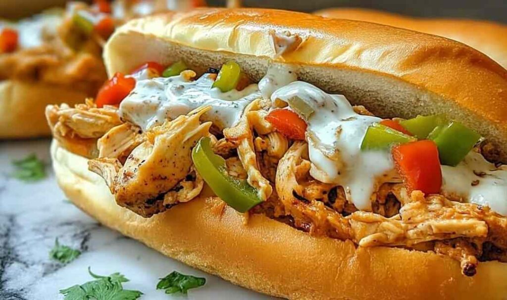 Slow cooker chicken Philly sandwiches on hoagie rolls with melted provolone cheese