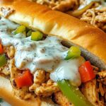 Slow cooker chicken Philly sandwiches on hoagie rolls with melted provolone cheese