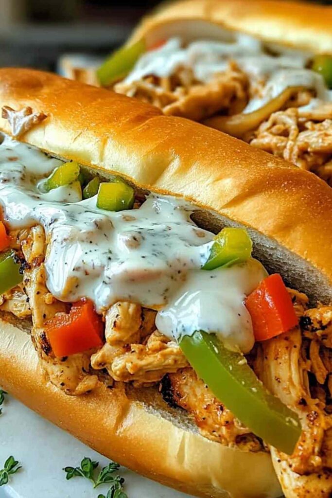 Slow cooker chicken Philly sandwiches on hoagie rolls with melted provolone cheese