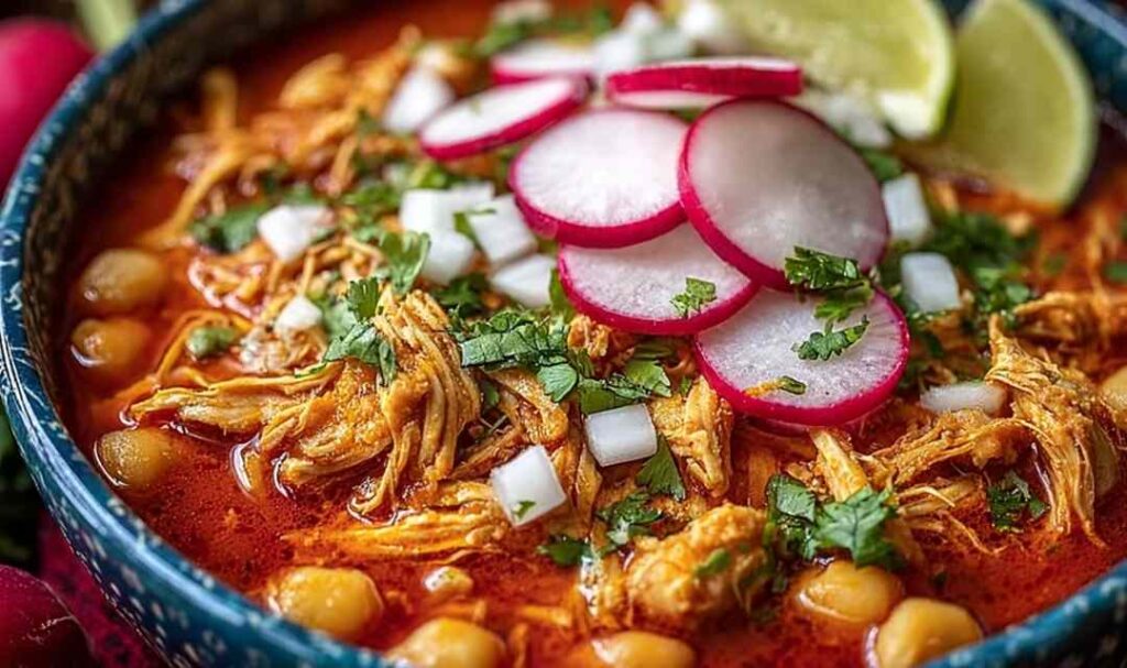 Slow Cooker Chicken Posole in white bowl topped with cilantro radishes and lime wedges
