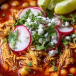 Slow Cooker Chicken Posole in white bowl topped with cilantro radishes and lime wedges