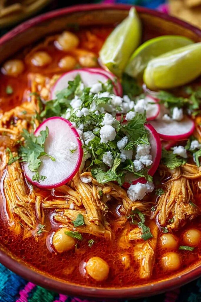 Slow Cooker Chicken Posole in white bowl topped with cilantro radishes and lime wedges