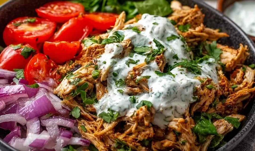 Slow cooker chicken shawarma shredded in a slow cooker with spices and onions