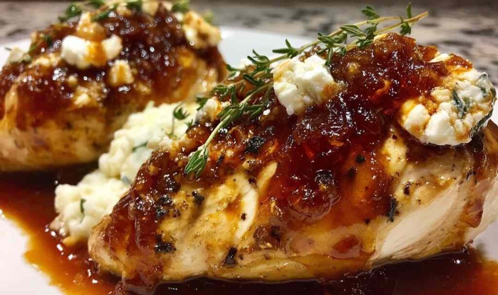 Slow cooker chicken with fig jam and goat cheese on white plate garnished with fresh thyme