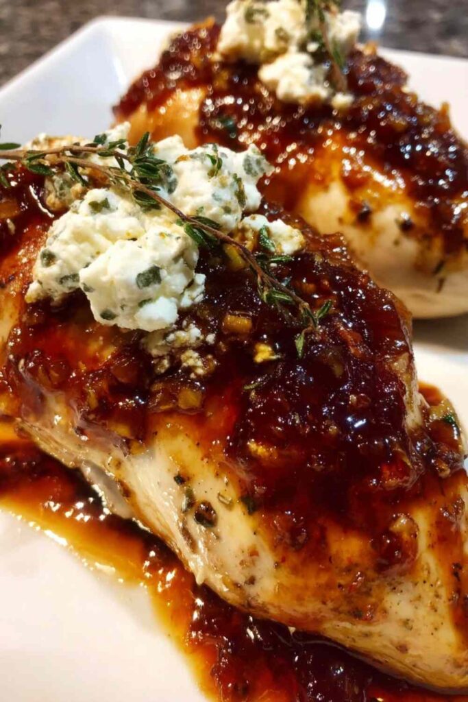 Slow cooker chicken with fig jam and goat cheese on white plate garnished with fresh thyme