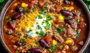 Slow Cooker Cowboy Soup with ground beef beans corn and potatoes in white bowl