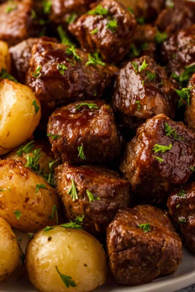 Slow cooker garlic butter beef bites and potatoes in white bowl with fresh parsley garnish