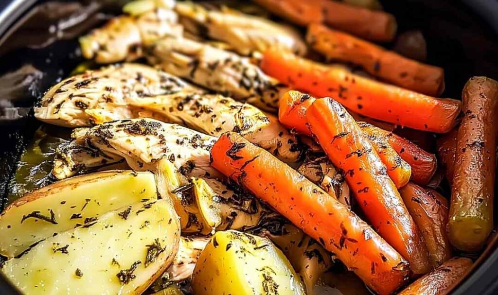 Slow cooker garlic butter chicken and veggies with potatoes and green beans in white bowl