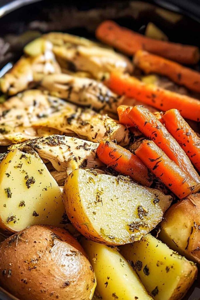 Slow cooker garlic butter chicken and veggies with potatoes and green beans in white bowl