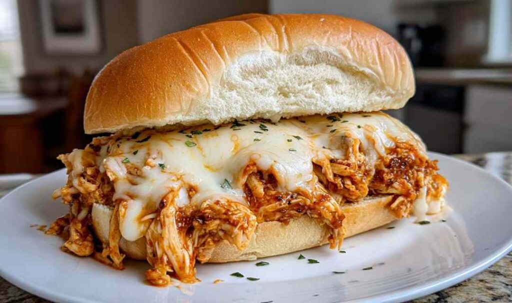 Slow Cooker Parmesan Garlic Chicken Sandwiches on toasted rolls with melted mozzarella cheese