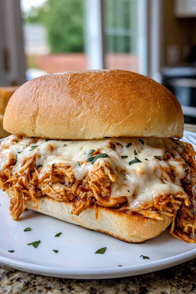 Slow Cooker Parmesan Garlic Chicken Sandwiches on toasted rolls with melted mozzarella cheese