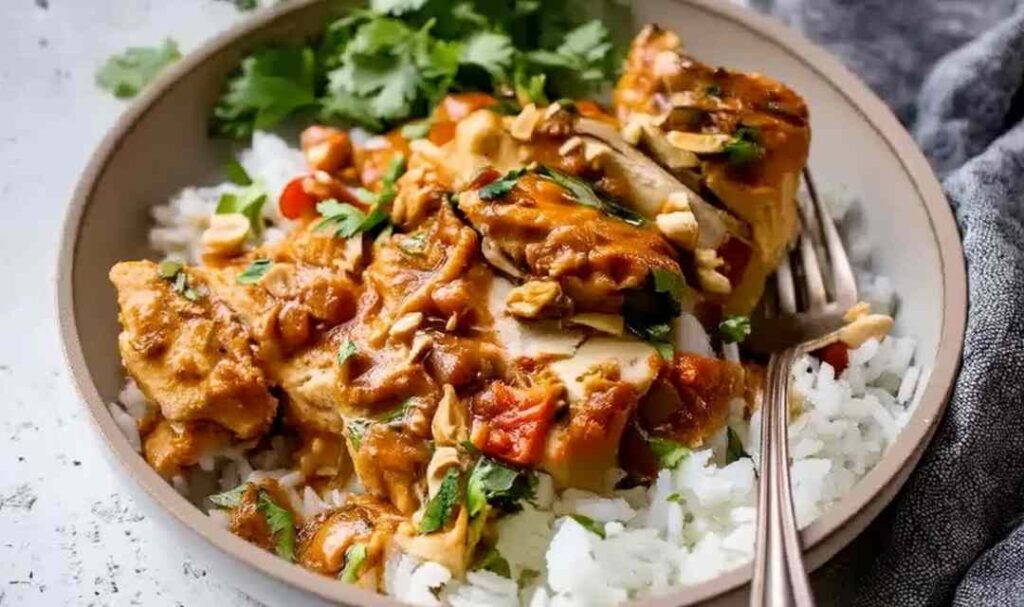 Slow Cooker Peanut Chicken in white bowl garnished with crushed peanuts and cilantro