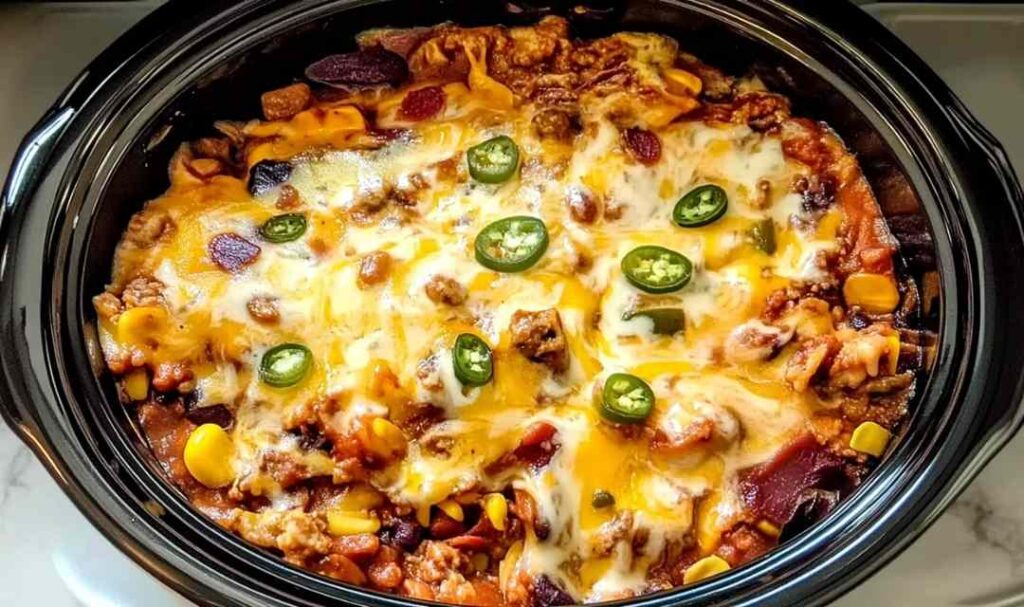 Slow cooker taco casserole with melted cheese topped with sour cream and cilantro