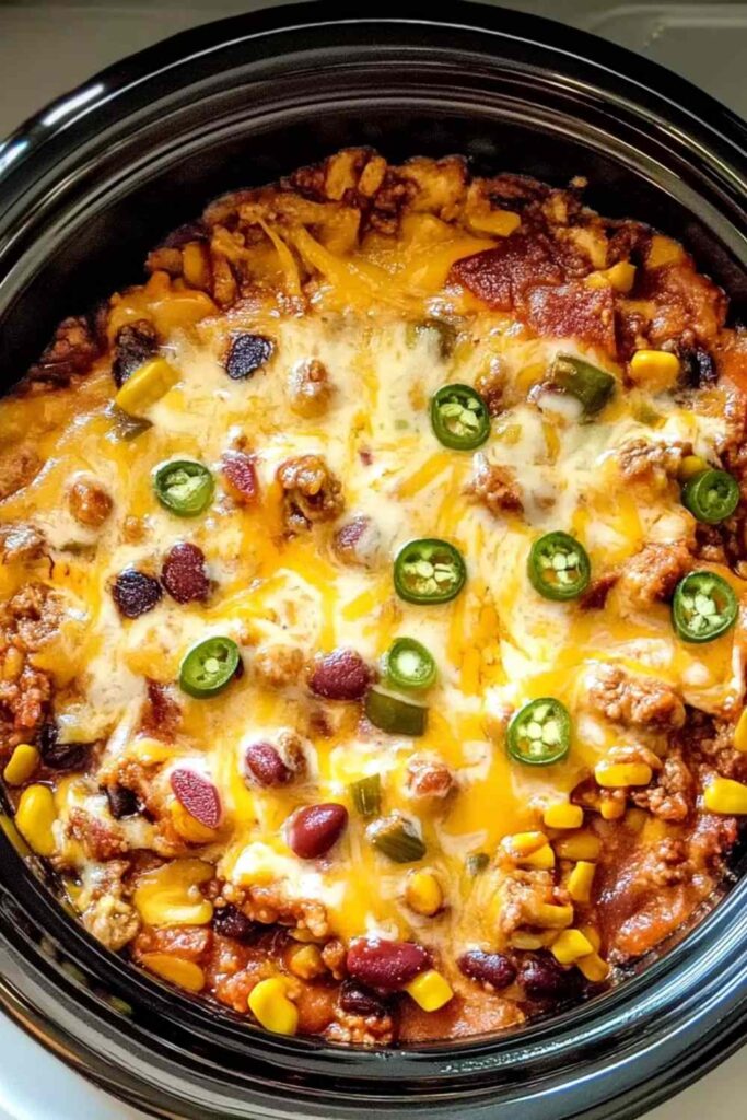 Slow cooker taco casserole with melted cheese topped with sour cream and cilantro