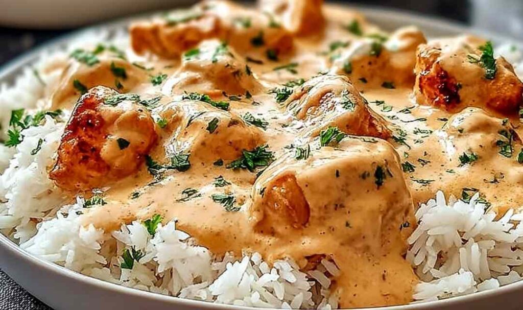 Smothered chicken and rice served on white plate with creamy gravy and herbs