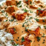 Smothered chicken and rice served on white plate with creamy gravy and herbs