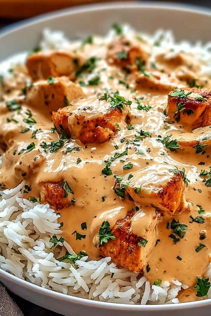 Smothered chicken and rice served on white plate with creamy gravy and herbs