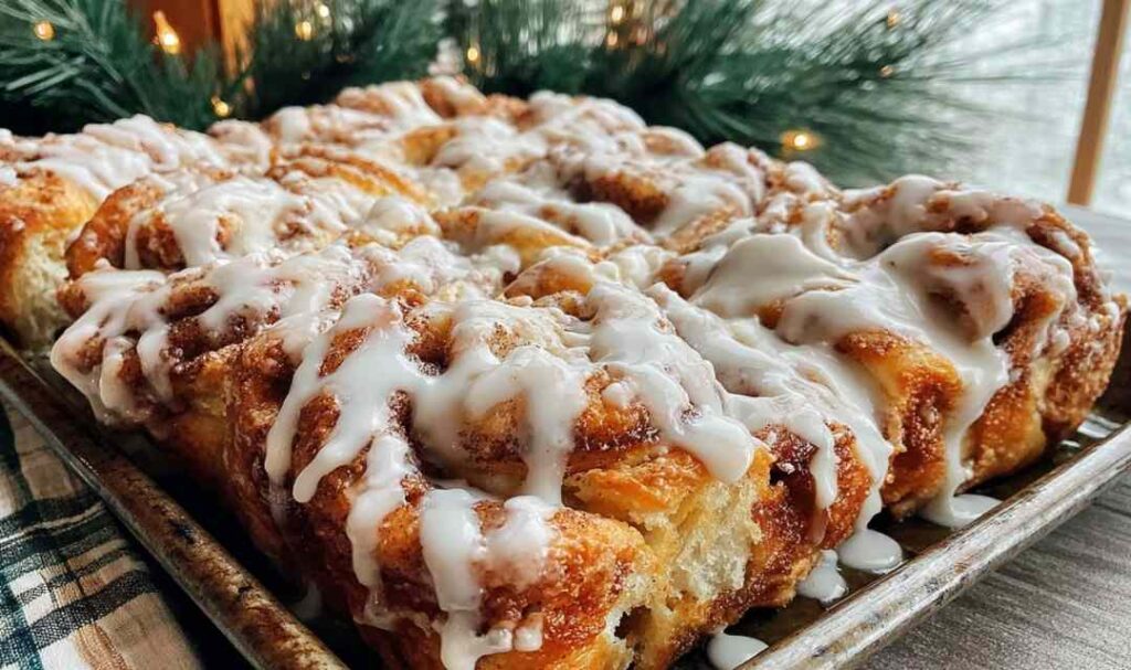 Sourdough cinnamon roll focaccia with white glaze drizzled on top in baking pan