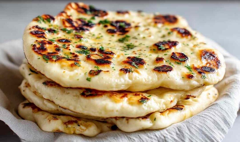 Soft fluffy sourdough discard naan with garlic butter on wooden board