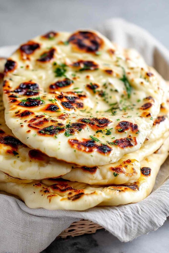 Soft fluffy sourdough discard naan with garlic butter on wooden board