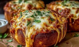 Spaghetti Garlic Bread in baking dish with melted cheese and golden top