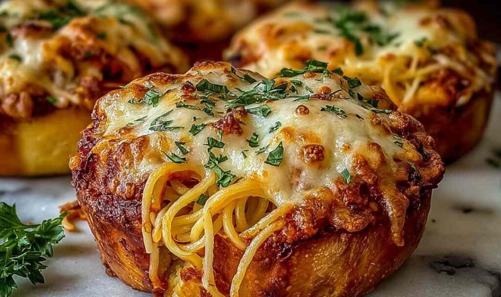 Spaghetti Garlic Bread in baking dish with melted cheese and golden top