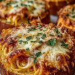 Spaghetti Garlic Bread in baking dish with melted cheese and golden top